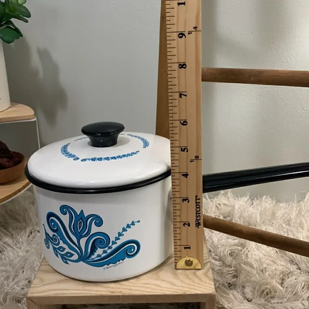 Berggren Blue Tulip Design Scandinavian Folk Art Enamelware Lidded Sauce Pot Vtg